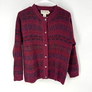 Harley of Scotland merino wool cosycore Maroon Patterned Cardigan Sweater med